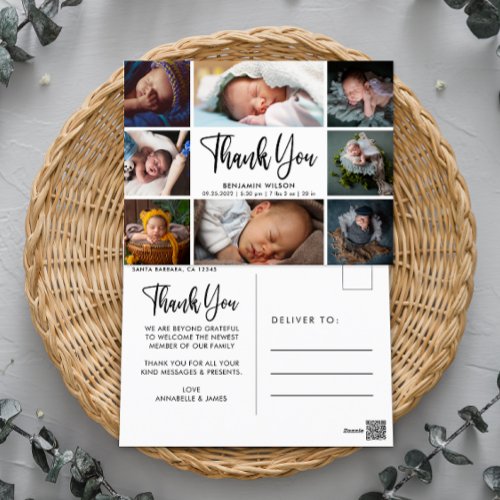 Modern Photo Collage Baby Thank You Announcement Postcard