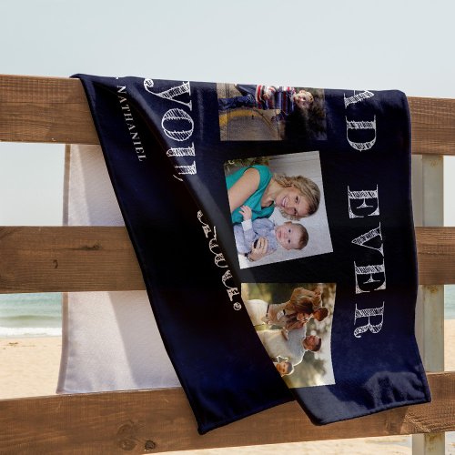 Modern photo collage best dad ever navy white beach towel