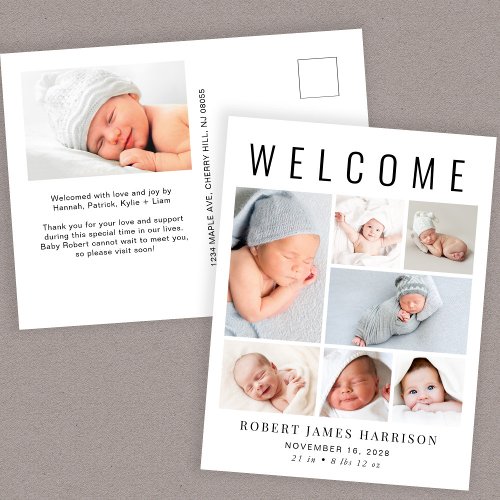 Modern Photo Collage Birth Announcement Postcard