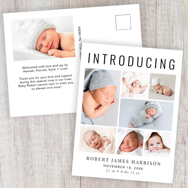 Modern Photo Collage Birth Announcement Postcard (Announce the arrival of your precious baby in a way that is as beautiful and unique as they are)