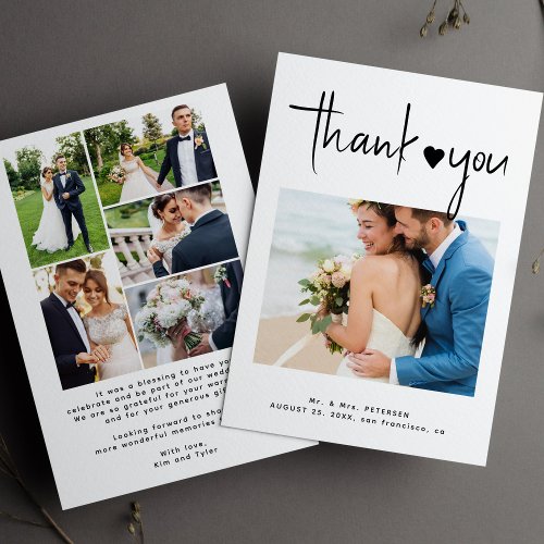 Modern photo collage black and white wedding thank you card