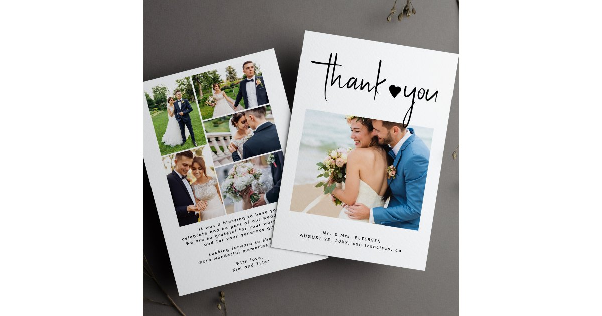 Modern photo collage black and white wedding thank you card | Zazzle
