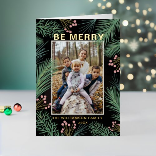 Modern Photo Collage Black  Gold Christmas Foil Holiday Card