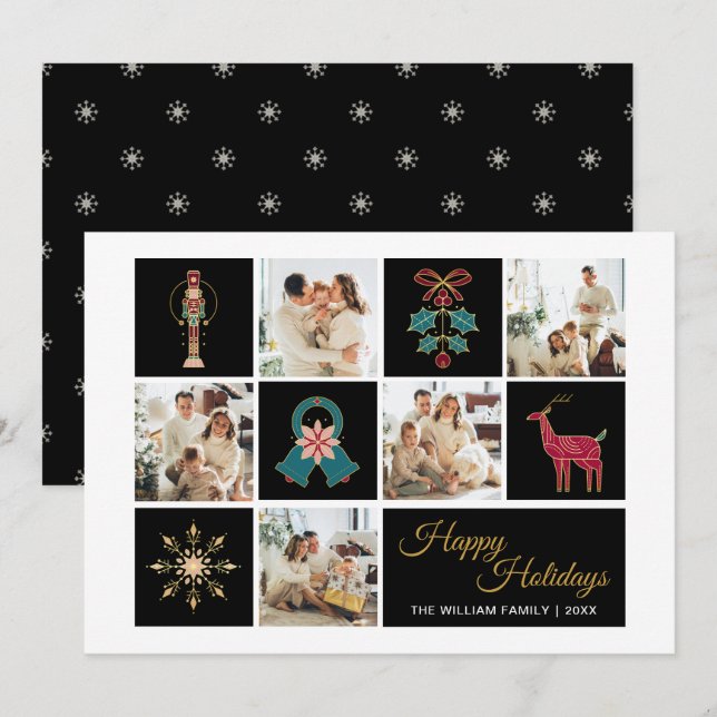 Modern Photo Collage Black Gold Holiday Card (Front/Back)