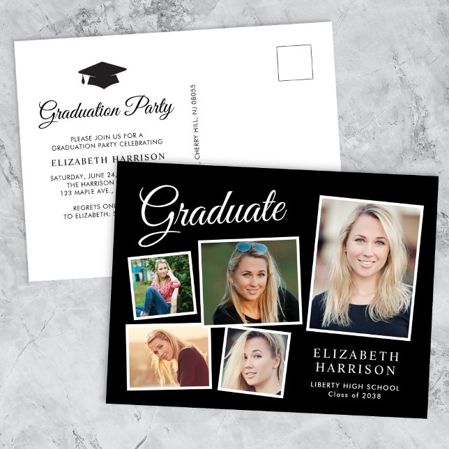 Modern Photo Collage Black Graduation Party Invitation Postcard (A personalized photo graduation party invitation to celebrate the graduate's achievements)