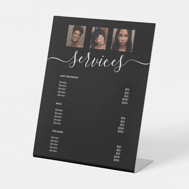 Modern Photo Collage Black Spa Salon Service Menu Pedestal Sign (Front)