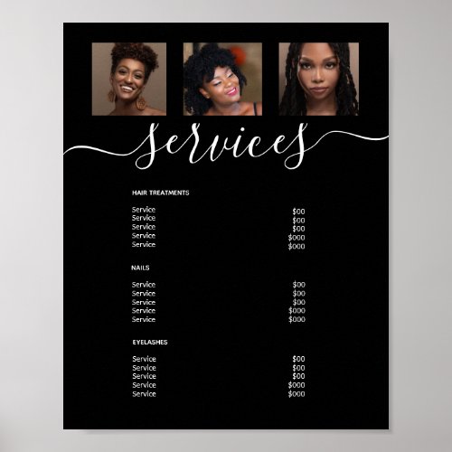 Modern Photo Collage Black Spa Salon Service Menu Poster