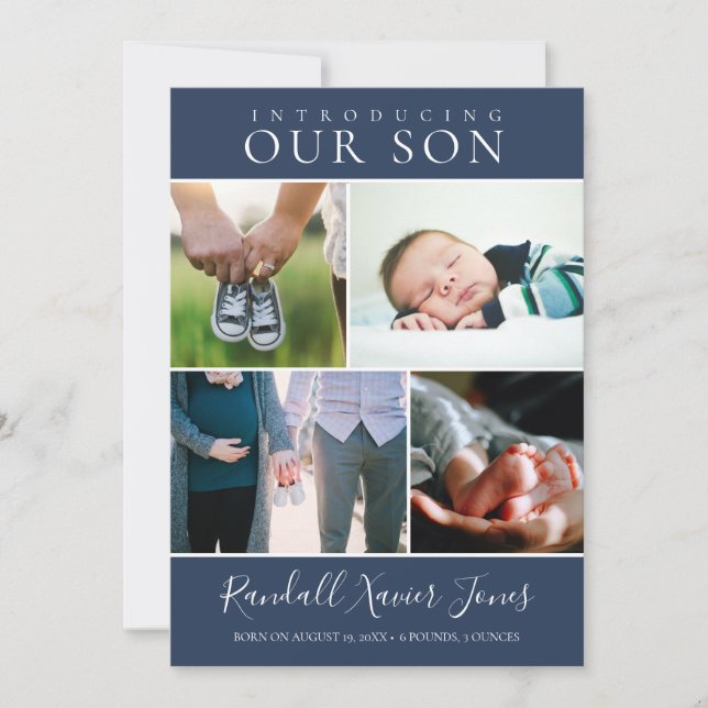 Modern Photo Collage Blue Baby Boy Birth Announcement (Front)