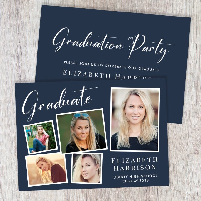 Modern Photo Collage Blue Graduation Party Invitation (A modern photo collage graduation party invitation to celebrate the graduate's achievements)