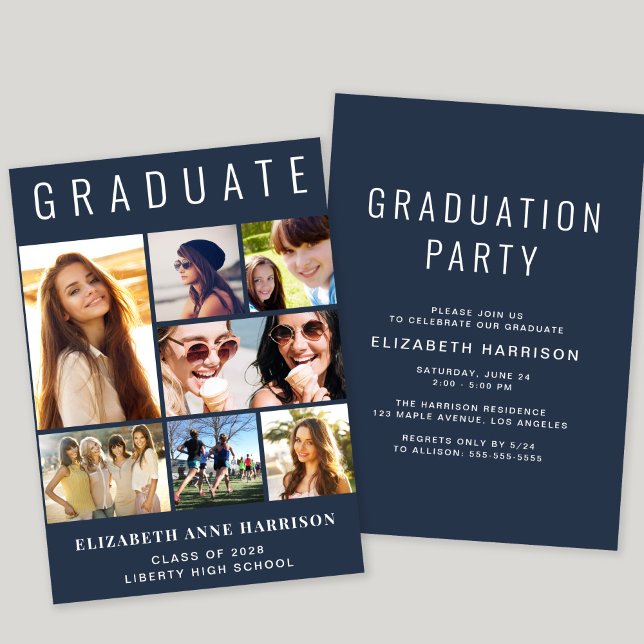 Modern Photo Collage Blue Graduation Party Invitation (A modern photo collage graduation party invitation to celebrate the graduate's achievements)