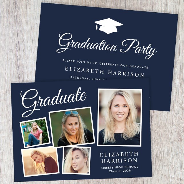 Modern Photo Collage Blue Graduation Party Invitation (A personalized photo graduation party invitation to celebrate the graduate's achievements)