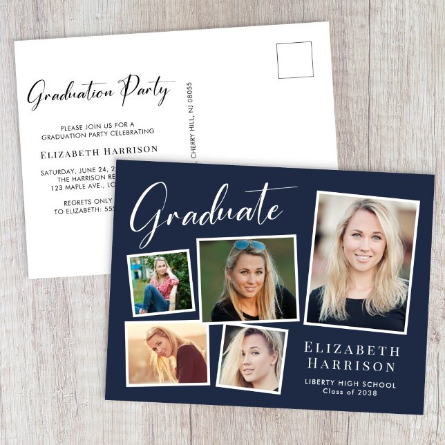 Modern Photo Collage Blue Graduation Party Invitation Postcard (Modern Photo Collage Blue Graduation Party Invitation Postcard)