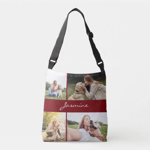 Modern Photo Collage Burgundy Dog Crossbody Bag