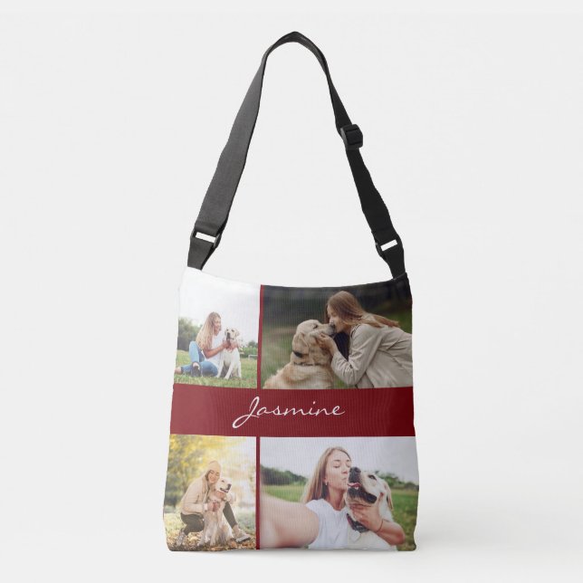 Modern Photo Collage Burgundy Dog Crossbody Bag (Front)
