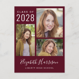 Modern Photo Collage Burgundy Graduation Announcement Postcard