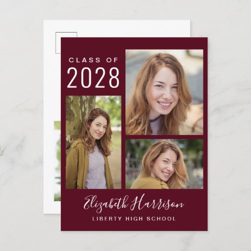 Modern Photo Collage Burgundy Graduation Announcement Postcard