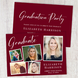 Modern Photo Collage Burgundy Graduation Party Invitation