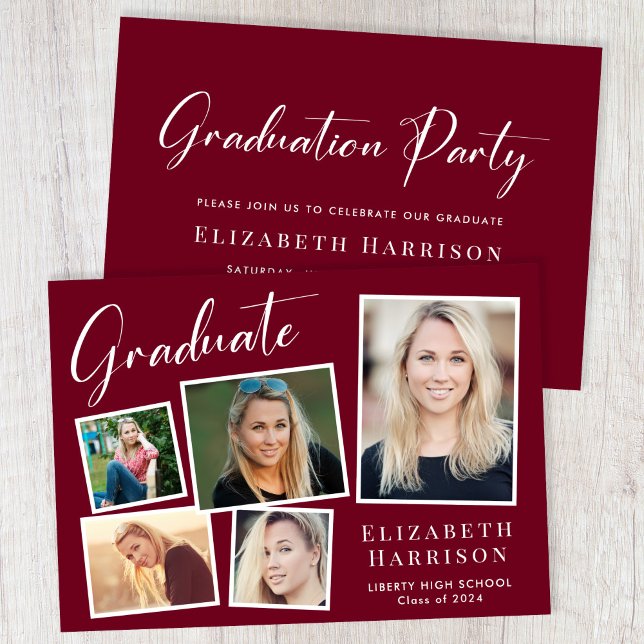 Modern Photo Collage Burgundy Graduation Party Invitation (A modern photo collage graduation party invitation to celebrate the graduate's achievements)