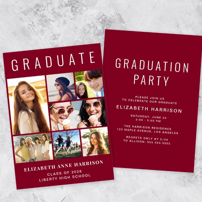 Modern Photo Collage Burgundy Graduation Party Invitation (A modern photo collage graduation party invitation to celebrate the graduate's achievements)