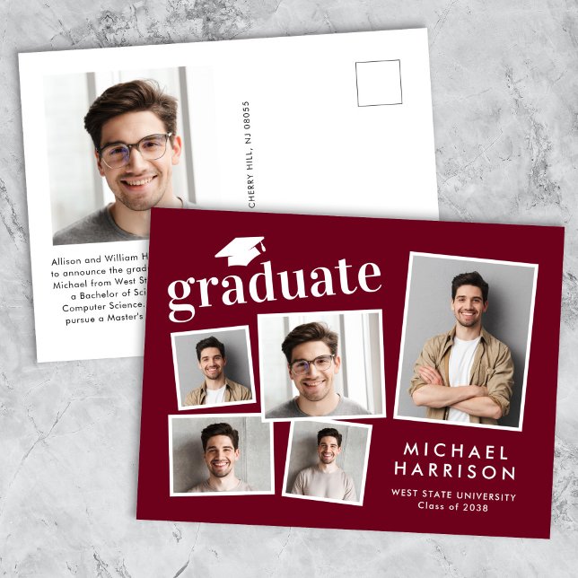 Modern Photo Collage Burgundy Red Graduation Announcement Postcard (Cherish the milestone: share your graduate's achievement with a custom photo graduation announcement)