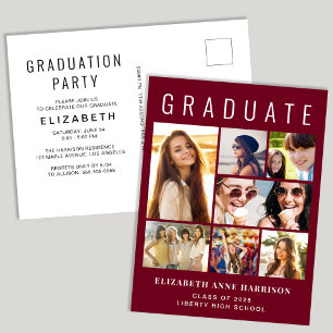Modern Photo Collage Burgundy Red Graduation Party Invitation Postcard