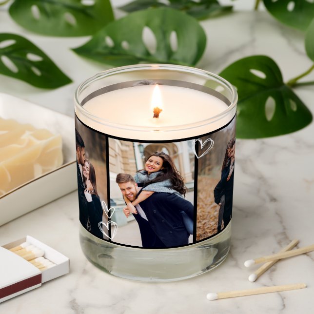 Modern Photo collage couple Love Hearts Wedding Scented Candle (Lit)