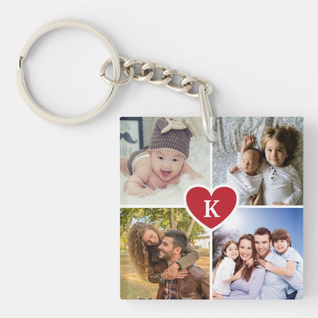 Modern Photo Collage Custom Red Heart Keychain (Front)