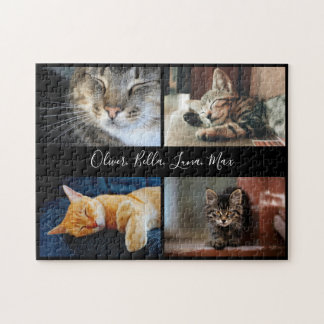 Modern Photo Collage Custom Script Name on Black Jigsaw Puzzle