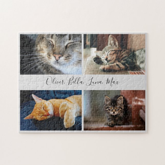 Modern Photo Collage Custom Script Name on Grey Jigsaw Puzzle (Horizontal)