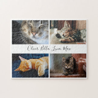 Modern Photo Collage Custom Script Name on White Jigsaw Puzzle