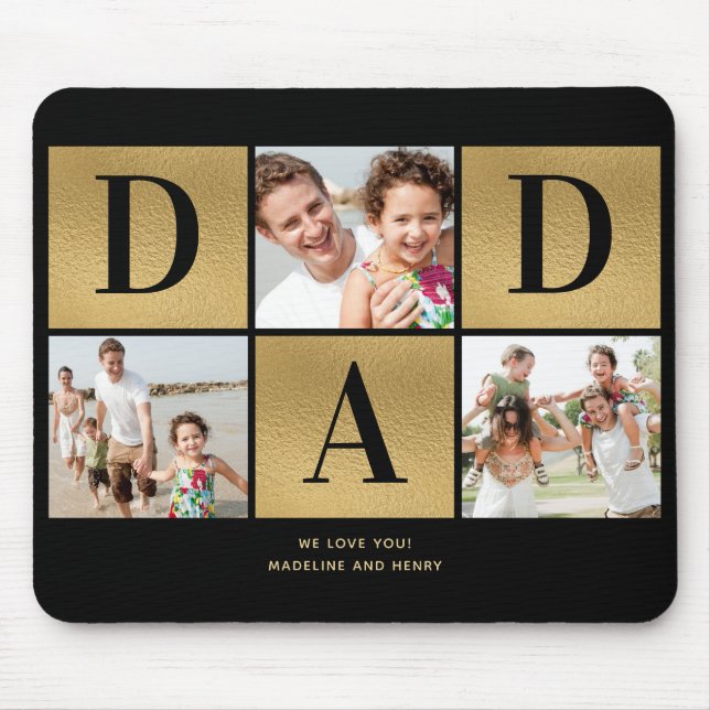 Modern Photo Collage Dad Black Gold Mouse Pad (Front)