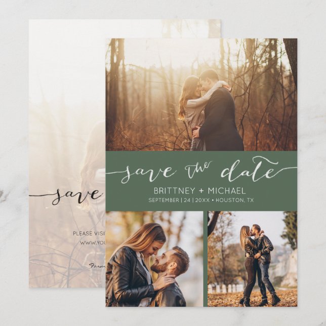 Modern Photo Collage Dark Sage Save the Date Announcement (Front/Back)