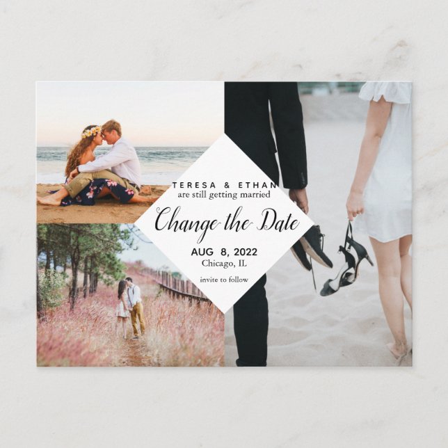 Modern Photo Collage Diamond Chic Change the Date Postcard (Front)