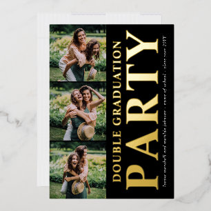 Modern Photo Collage Double Graduation Party Gold Foil Invitation