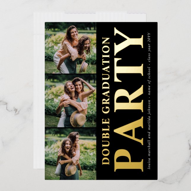 Modern Photo Collage Double Graduation Party Gold Foil Invitation (Envelope)