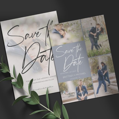 Modern Photo Collage Dusty Blue Save The Date