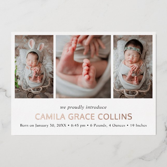 Modern Photo Collage Elegant Birth Announcement (Front)