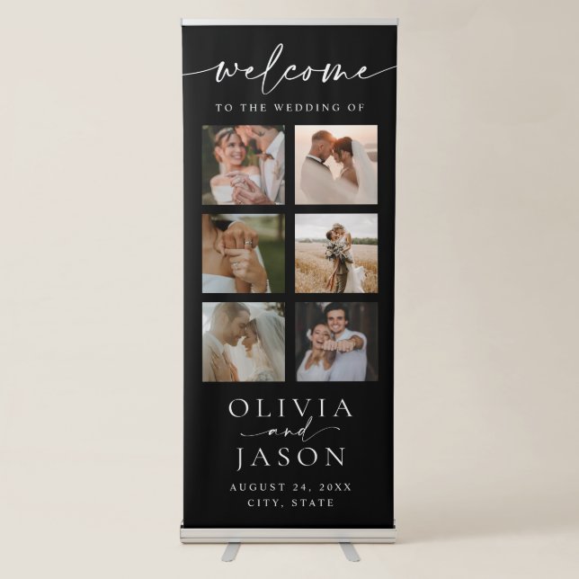 Modern Photo Collage Elegant Wedding Welcome Retractable Banner (Front)