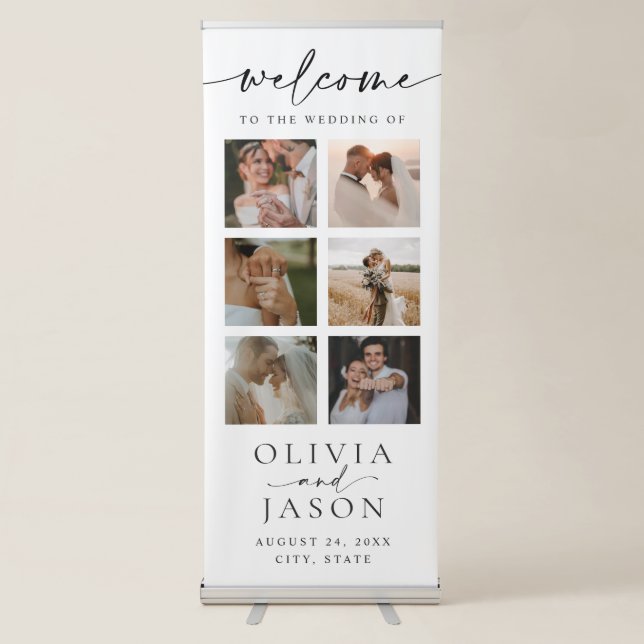 Modern Photo Collage Elegant Wedding Welcome Retractable Banner (Front)
