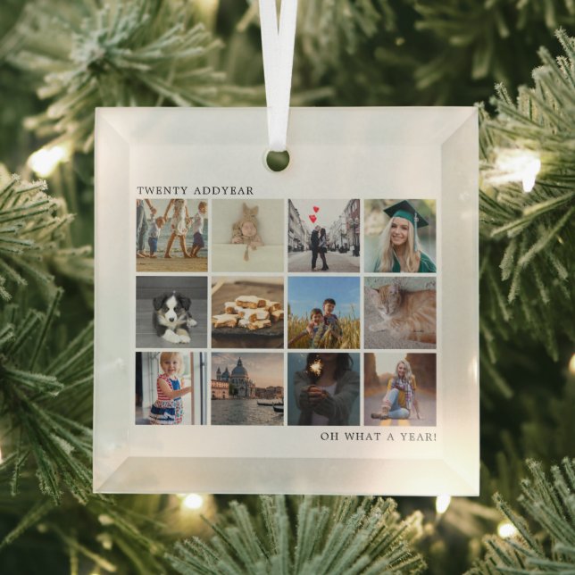 Modern Photo Collage Family Christmas Glass Ornament (Insitu)