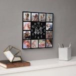 Modern Photo Collage Family Name Black Square Wall Clock<br><div class="desc">Monogram picture wall clock featuring a stylish black background that can be changed to any color,  a 12 square photo collage,  your initial,  your family name,  and the year established.</div>