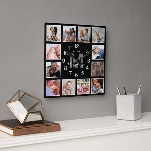 Modern Photo Collage Family Name Black Square Wall Clock