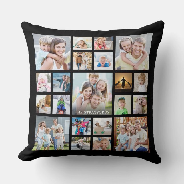 Modern Photo Collage Family Name or Title Black Throw Pillow (Front)