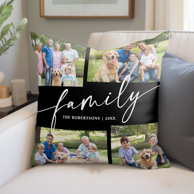 Modern Photo Collage Family Script Keepsake Throw Pillow (Creator Uploaded)