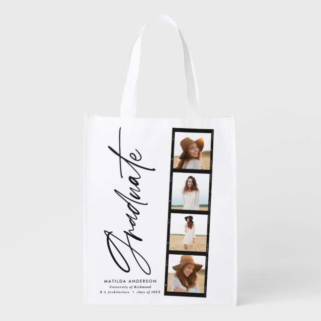 Modern photo collage film script graduation announ grocery bag (Front)