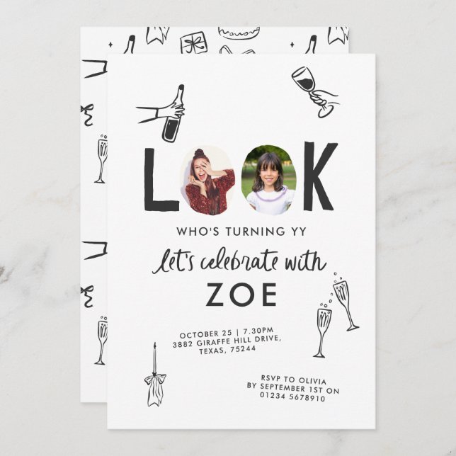 Modern Photo Collage Fun Hand-Drawn Birthday Invitation (Front/Back)