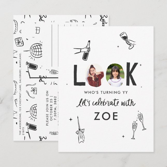 Modern Photo Collage Fun Hand-Drawn Birthday Postcard (Front/Back)