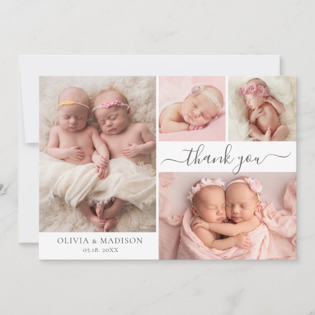 Modern Photo Collage Girl Twins Baby Thank You Card (Front)