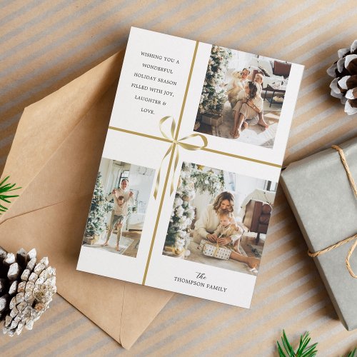 Modern Photo Collage Gold Box Ribbon Christmas Holiday Card