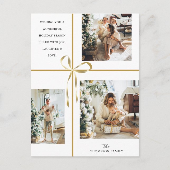 Modern Photo Collage Gold Box Ribbon Christmas Holiday Postcard (Front)